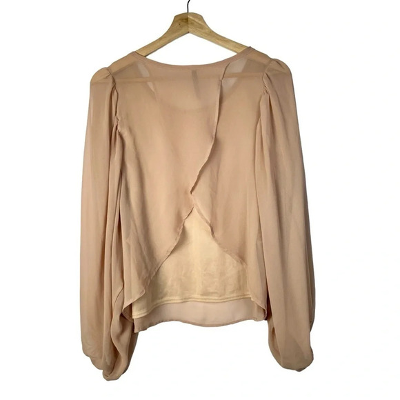 Mona B Light Brown Chiffon Open Ruffle Back Long Sleeve Blouse S - Picture 2 of 4